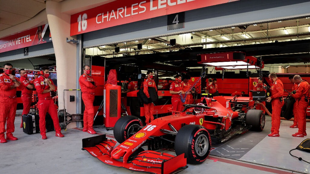 Preparations at the Ferrari garages for Charles Leclerc's car.