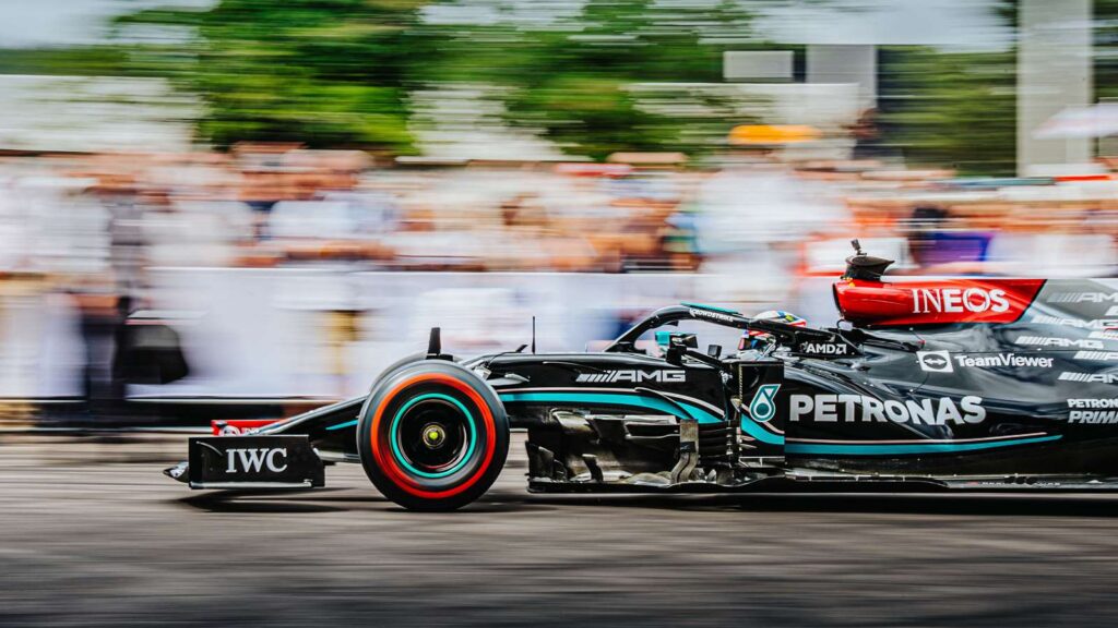 Mercedes car speeding during the race.