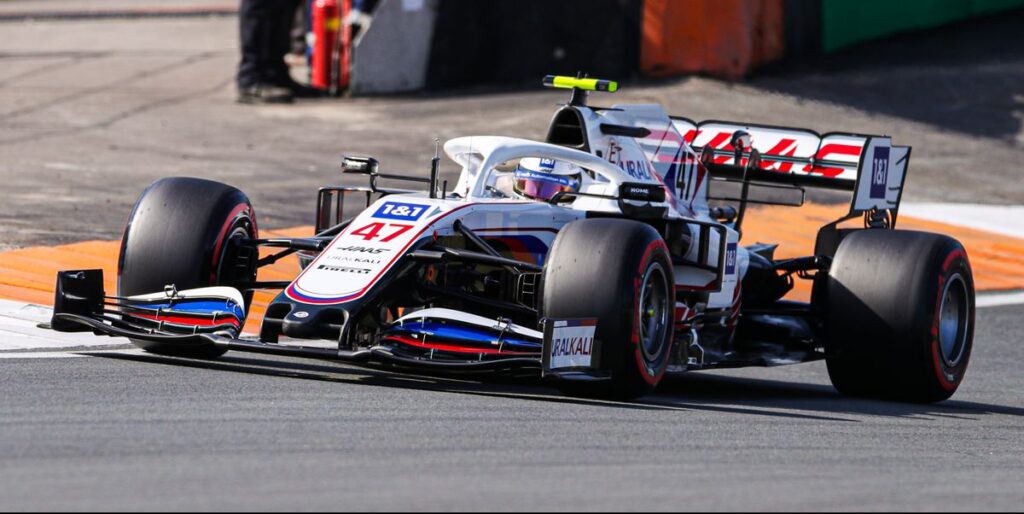 Haas's car with the colours of the Russian flag.